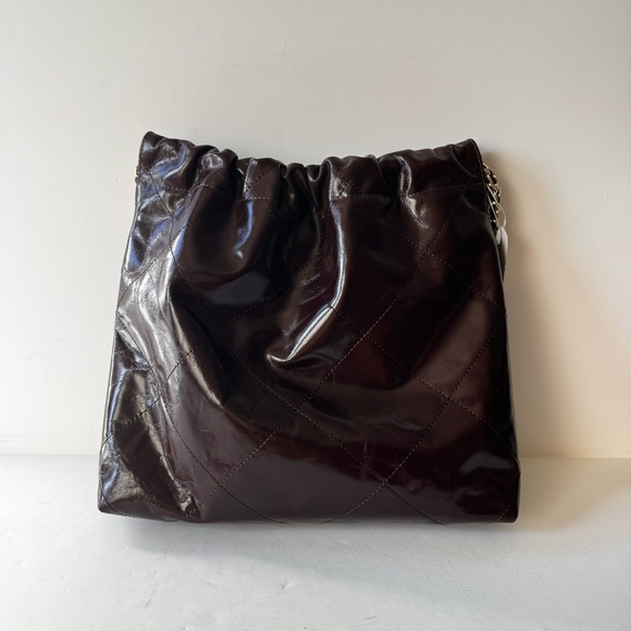 Brown Oiled Shiny Quilted Leather 22 Gathered Hobo Chain Tote w/ Gold HW B8 - Picture 14 of 17